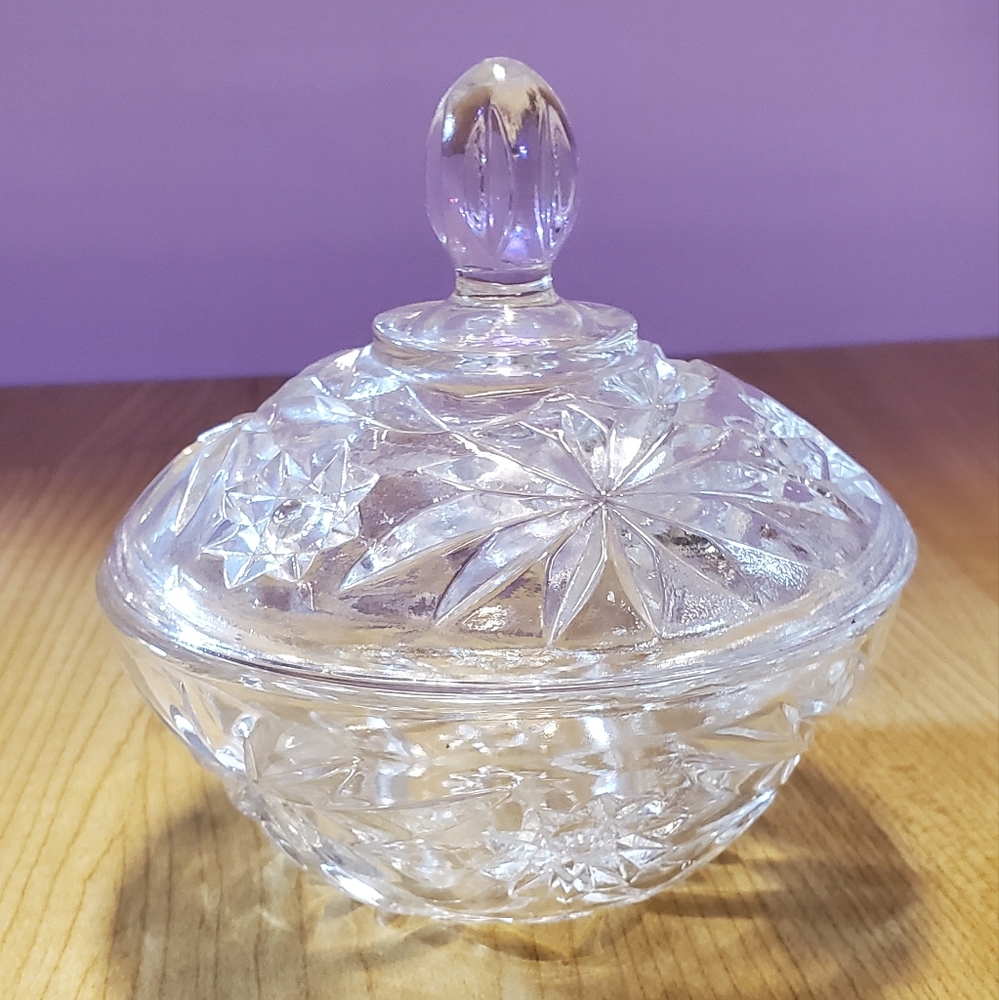 Vintage Anchor Hocking Starburst Clear Glass Candy Dish with Lid